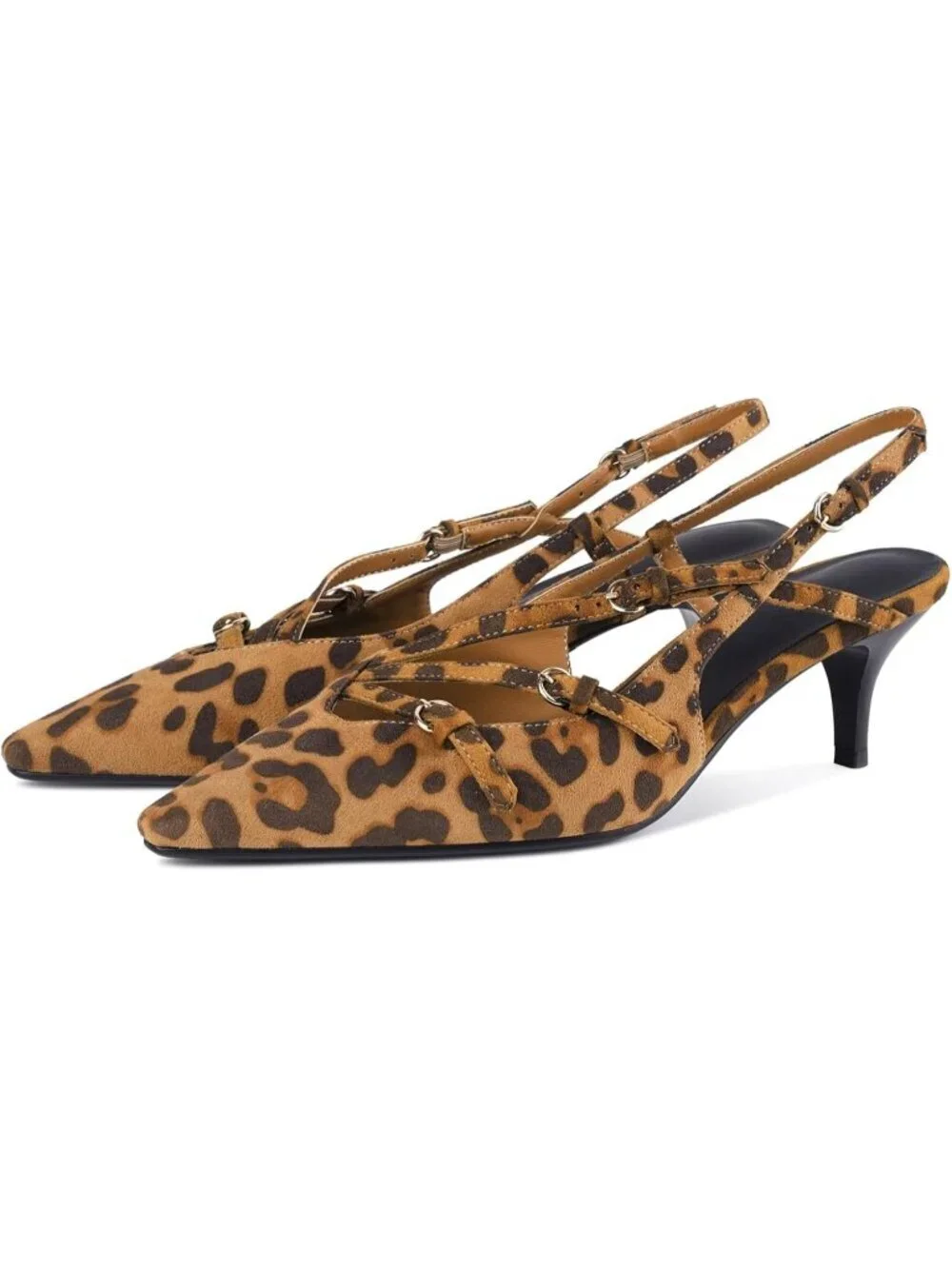 Women's Leopard Print Slingback Kitten Pointed Toe Pump Low Stiletto Heels Shoes